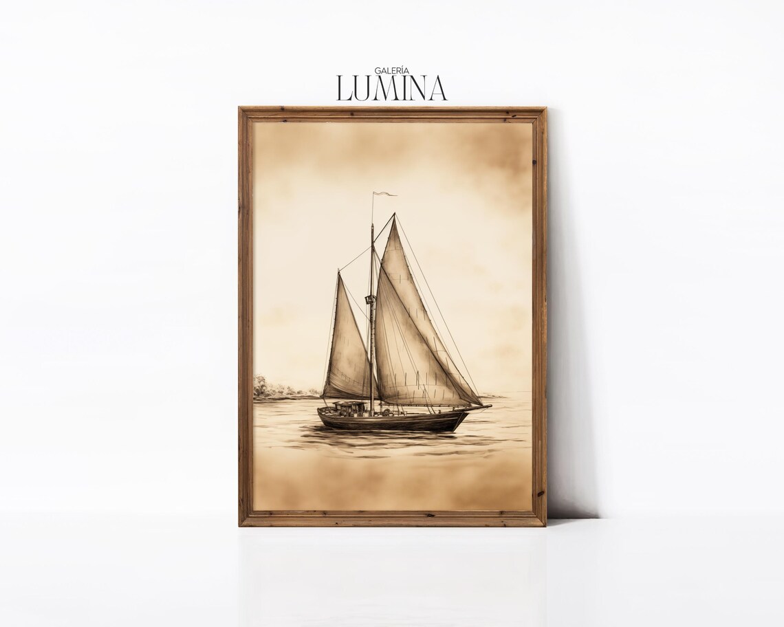 Vintage Sailboat in Sepia Charcoal Drawing Nautical Art Poster - Image 2