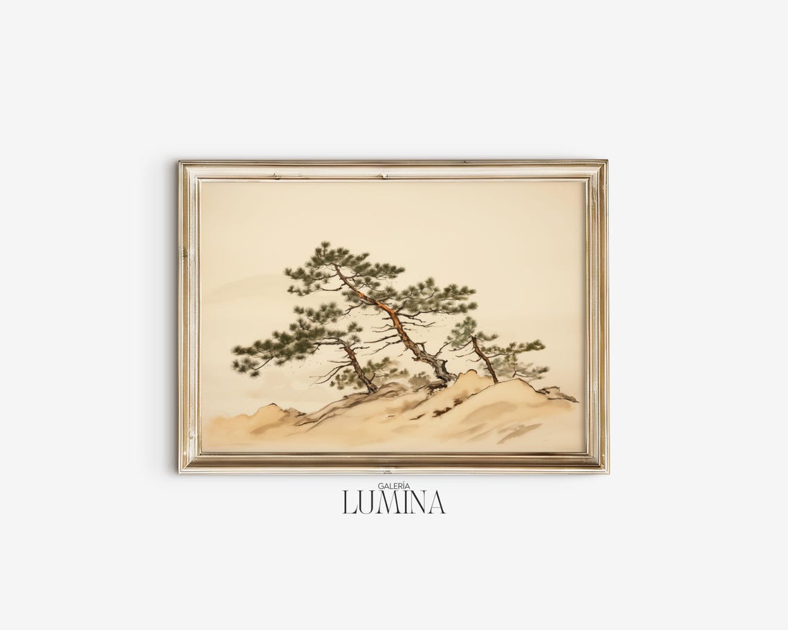Pine Trees Watercolor Drawing Traditional Japanese Painting Antique Minimalist Pine Tree Painting Art Frame Tv Art 583 - Image 2