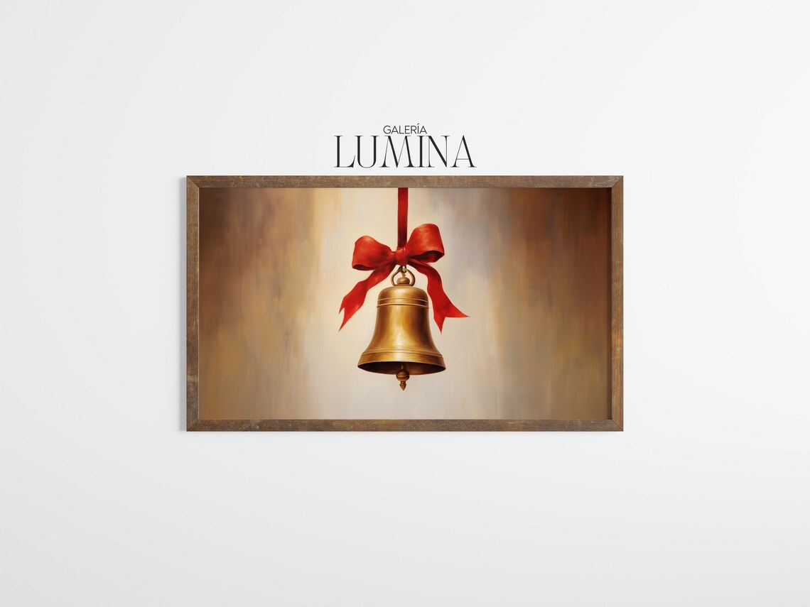 Golden Christmas Bell Hanging From a Red Ribbon Vintage Holiday Poster - Image 3