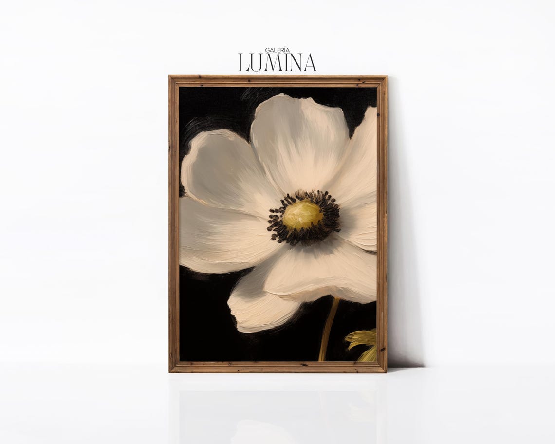 White Anemone Original Oil Painting Dark Moody Botanical Art Antique White Flower Still Life Painting Art Frame Tv Art 680 - Image 3