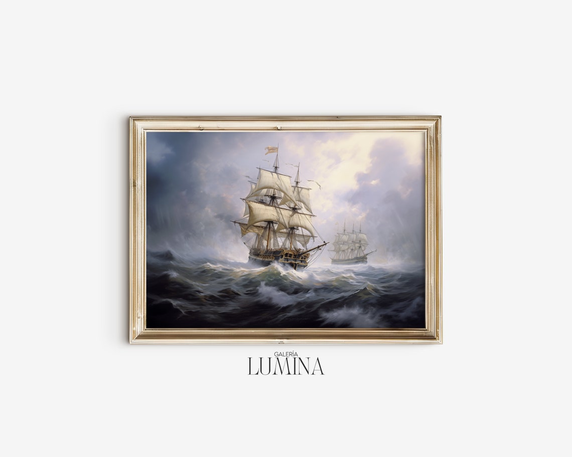 Old Sailing Ship Original Oil Painting Large Nautical Painting Vintage Seascape Wall Art Ocean Print Art Frame Tv Art 251 - Image 2