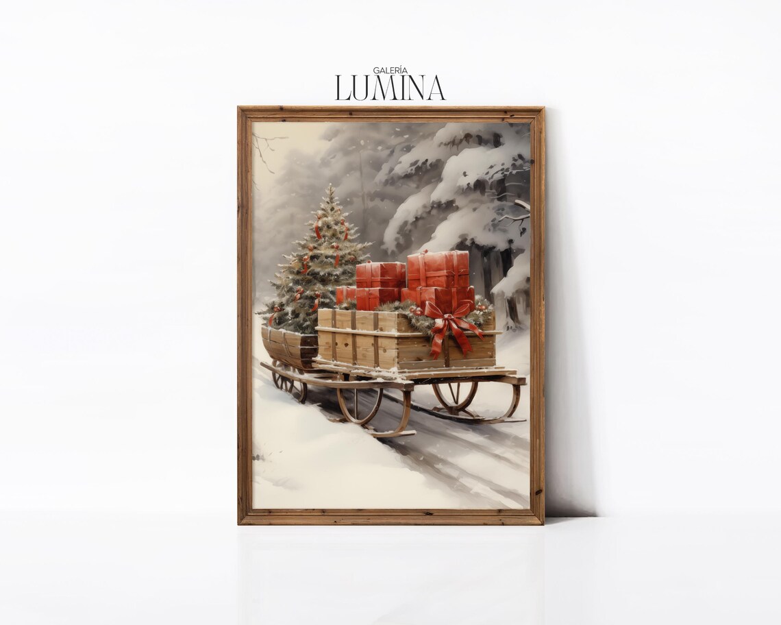Wooden Sled with Christmas Tree and Gifts Snowy Forest Poster - Image 2