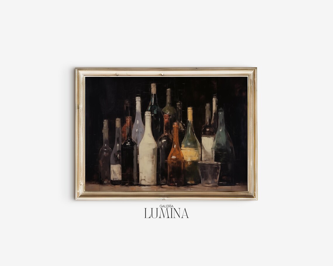 Wine Bottles Dark Background Moody Still Life Abstract Art Poster - Image 2