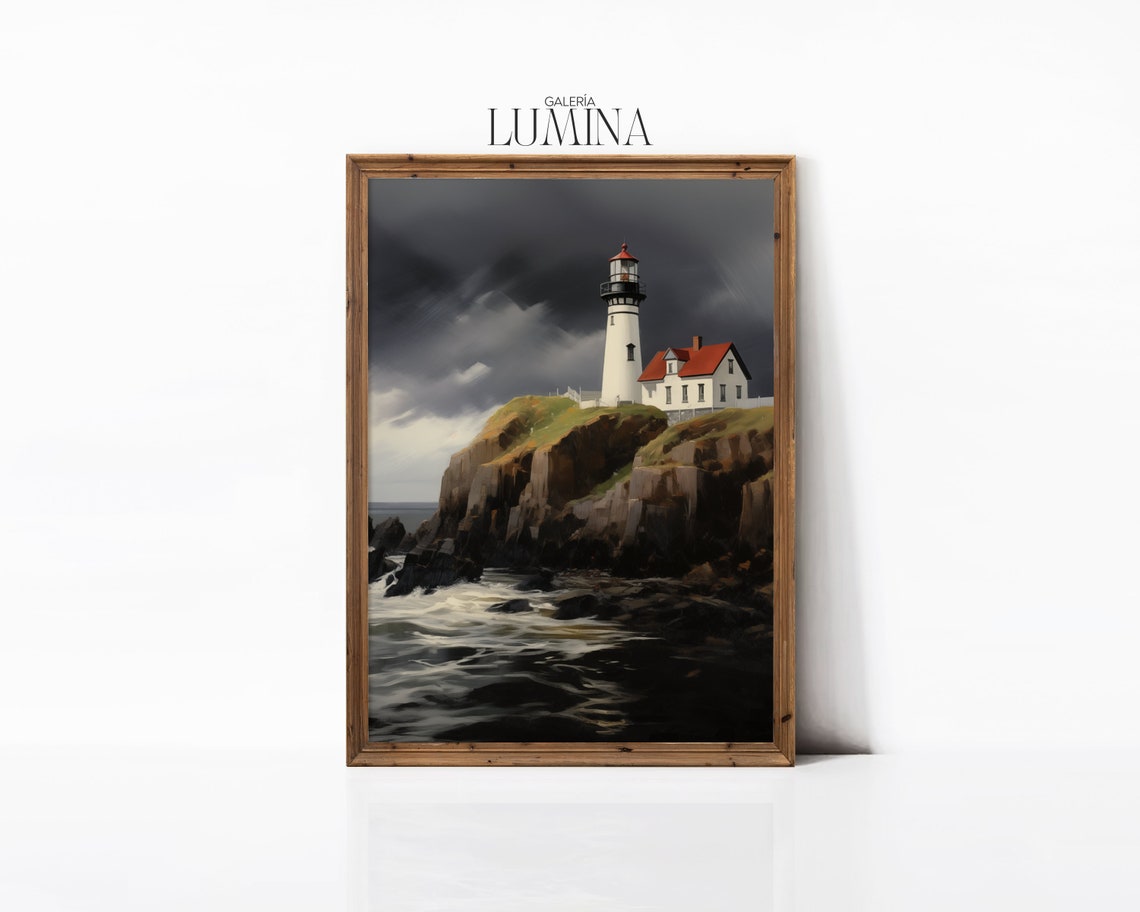 Red White Lighthouse On Shore Painting Nautical Oil Painting Coastal Wall Art Dark Seascape Art Print Art Frame Tv Art 155 - Image 3