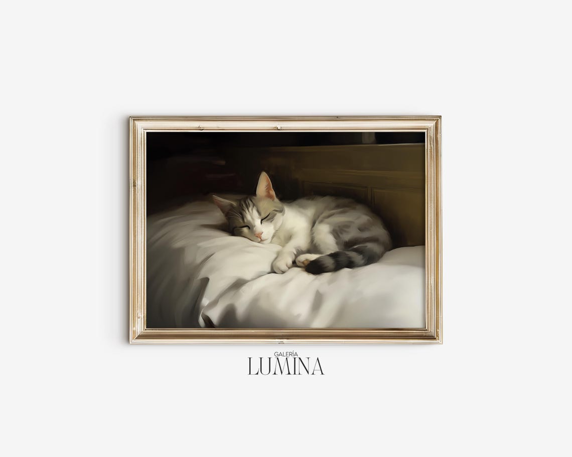 Sleeping Cat Original Oil Painting Antique Animal Painting Kitty Wall Art Moody Animal Cat Art Print Art Frame Tv Art 420 - Image 2