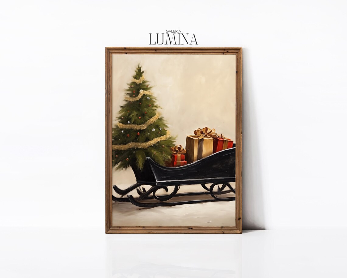 Black Sleigh With Christmas Tree and Gifts on Beige Vintage Poster - Image 2