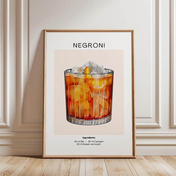 Classic Negroni Cocktail Watercolor Recipe Ingredients Art Wall Poster
