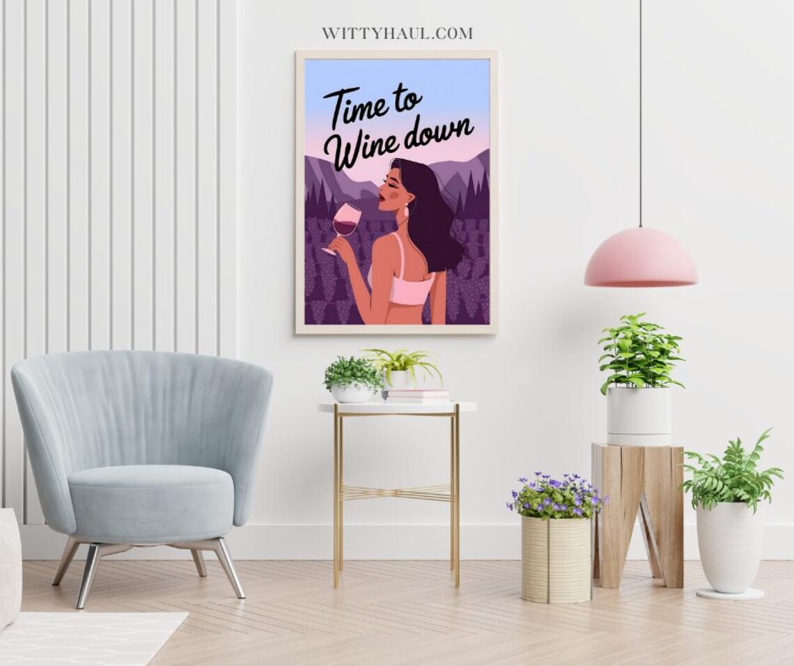 Time to Wine Down Funny Quote Poster with Vineyard Sunset Scene - Image 3