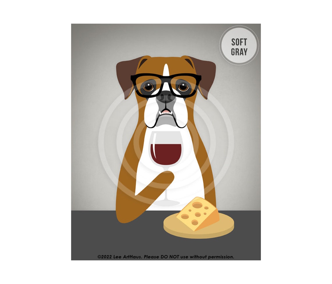 Boxer Dog Drinking Red Wine With Cheese Nerdy Glasses Wall Art Poster