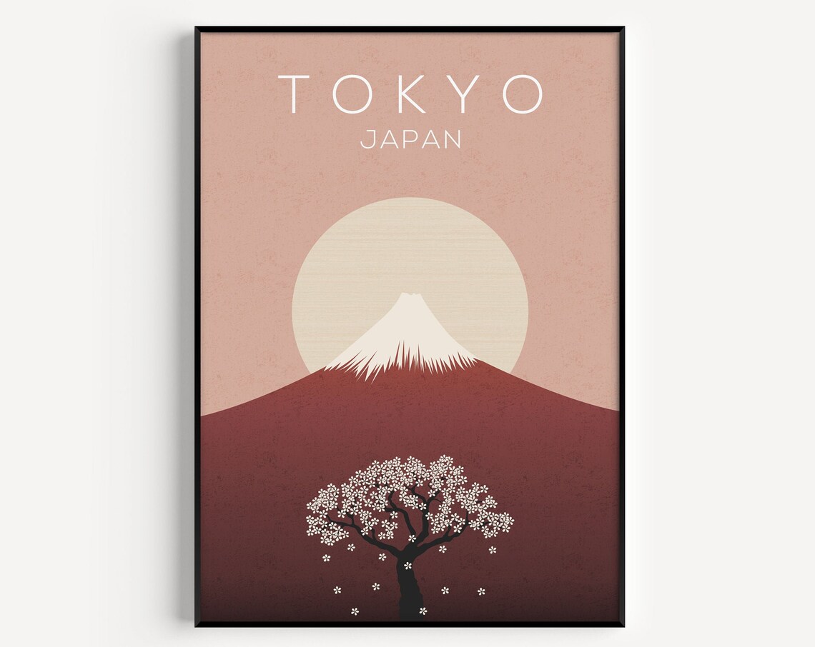 Tokyo Japan Mount Fuji Cherry Blossom Minimalist Pink Travel Poster