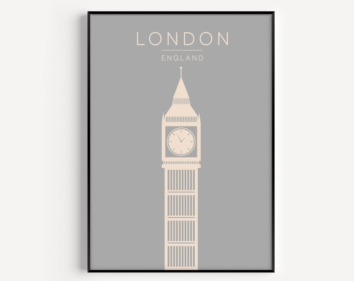 London England Minimal Big Ben Tower Silhouette Grey Modern Poster