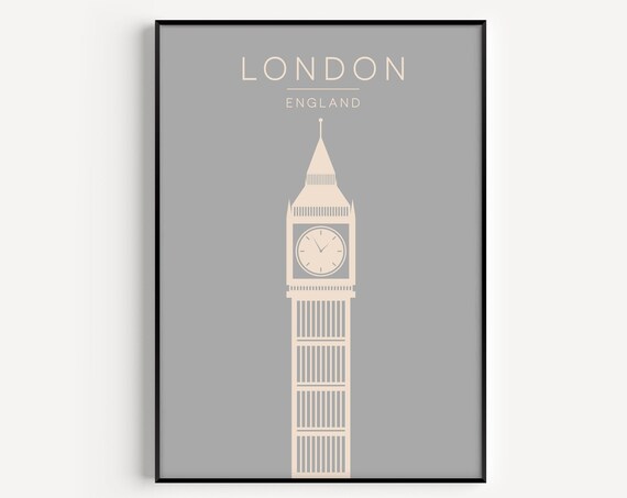 London England Minimal Big Ben Tower Silhouette Grey Modern Poster
