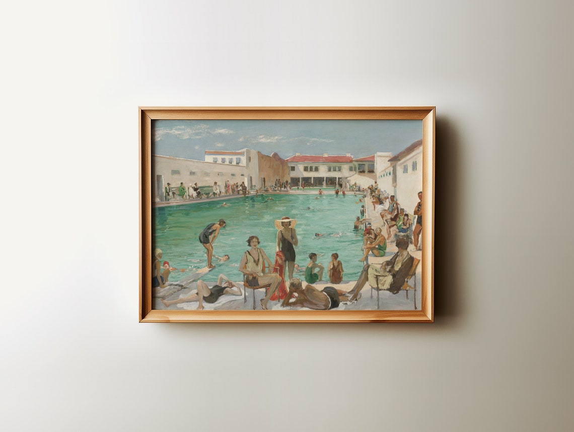 Vintage Poolside Bathers Oil Painting Summer Swimming Poster - Image 3