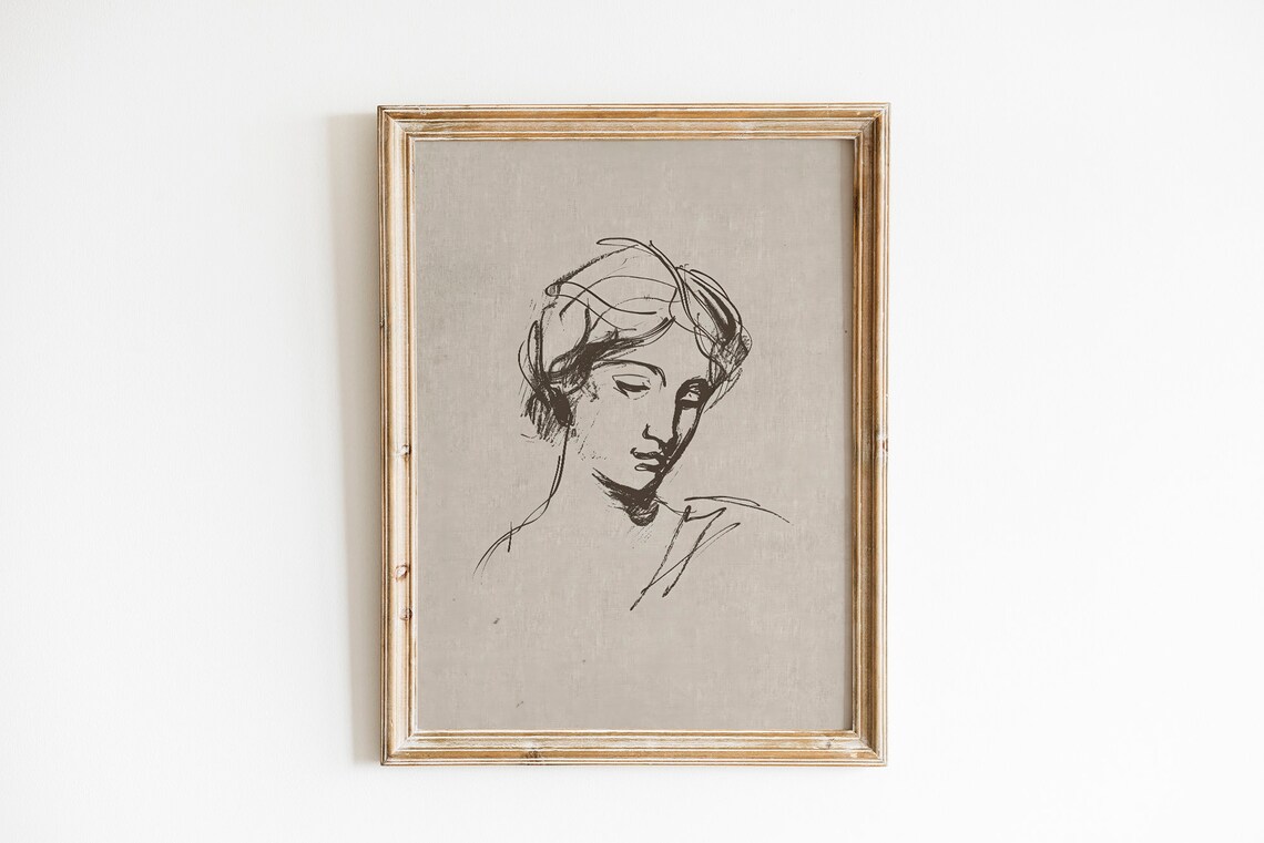 Classic Line Sketch Portrait Of A Woman On Beige Vintage Art Print - Image 3