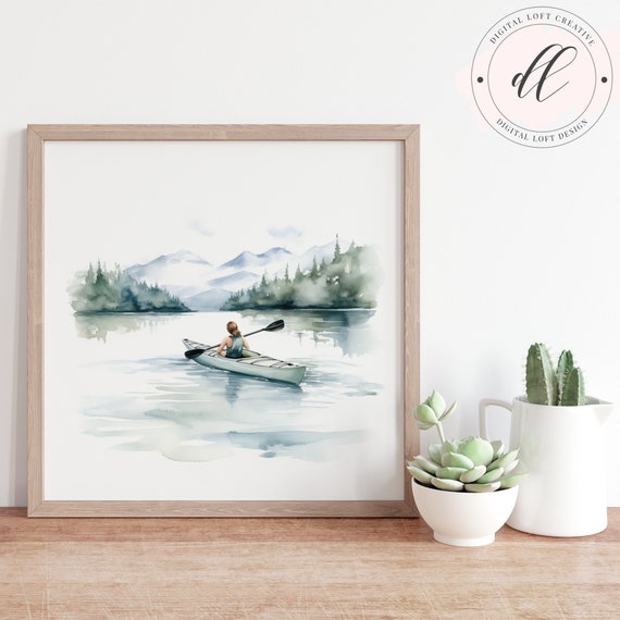 Serene Lake Kayak Print Watercolor Nature Scenery Wall Art Canoeing Landscape Peaceful Outdoor Decor Instant
