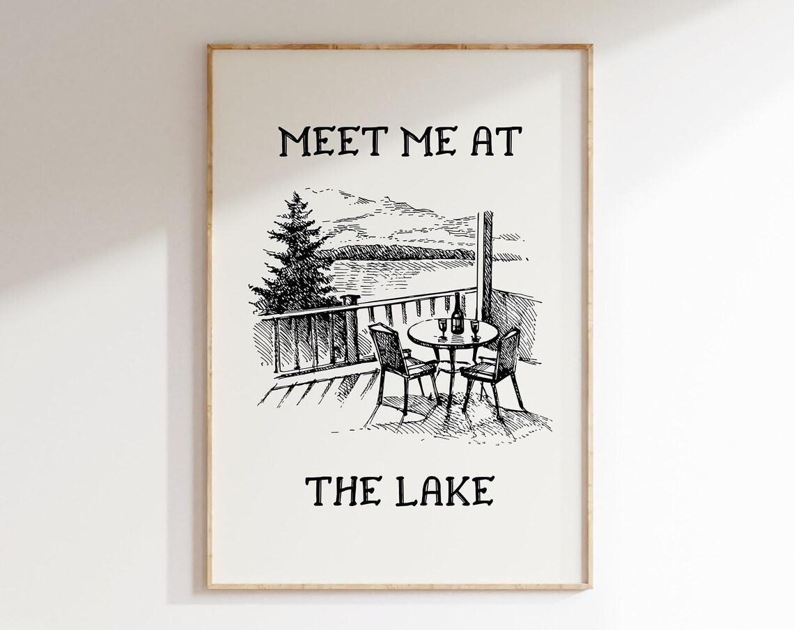 Meet Me At The Lake Print Vintage Lake Poster Aesthetic Lake House Decor Neutral Coastal Art Retro Lake Black And White Poster