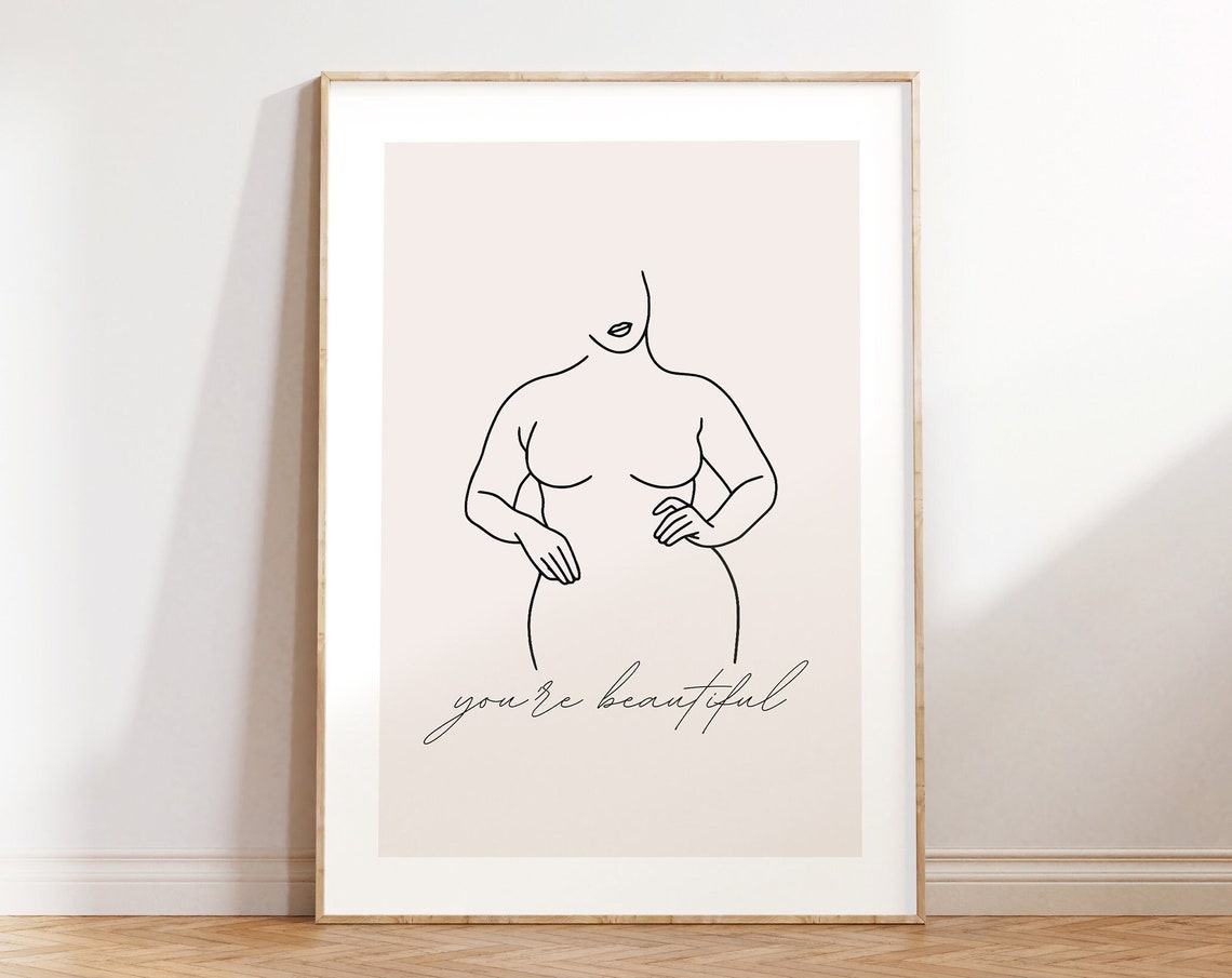 You're Beautiful Standing Curvy Woman Line Art Affirmation Poster