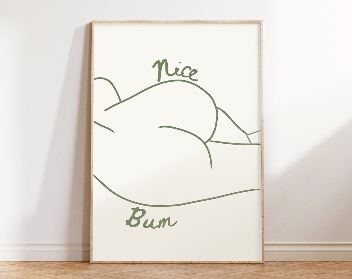 Nice Bum Minimalist Line Art Poster in Sage Green Body Positive Style