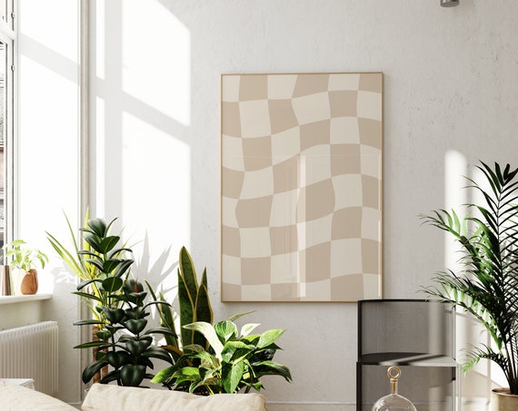 Neutral Beige Checkered Print Checkerboard Wall Art Trendy Wall Art Beige Wall Art Checkerboard Room Decor Wall Art