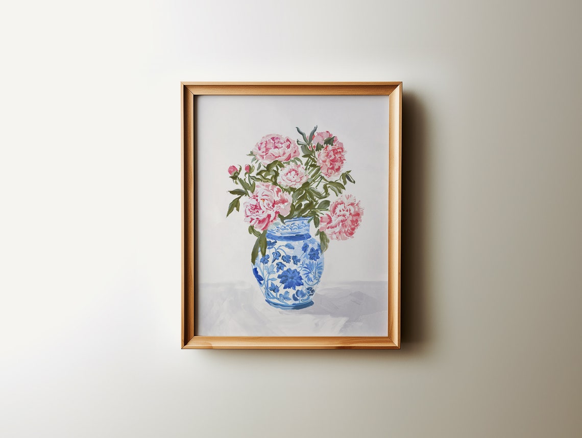 Pink Peonies Blue White Chinoiserie Vase Floral Watercolor Poster