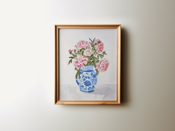 Pink Peonies Chinoiserie Art Coastal Grandmother Aesthetic Wall Art Preppy Poster