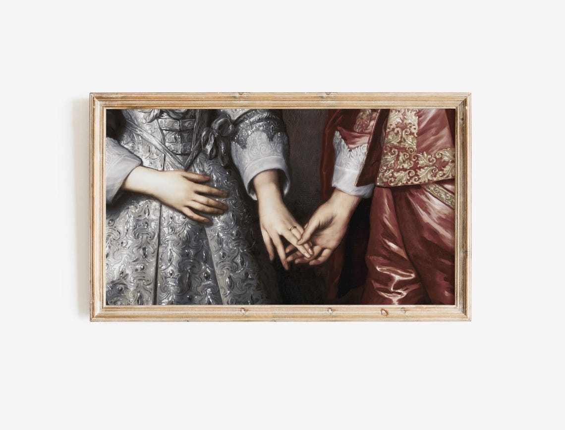 Joined Hands Baroque Detail Silver Red Vintage Romance Art Poster - Image 2