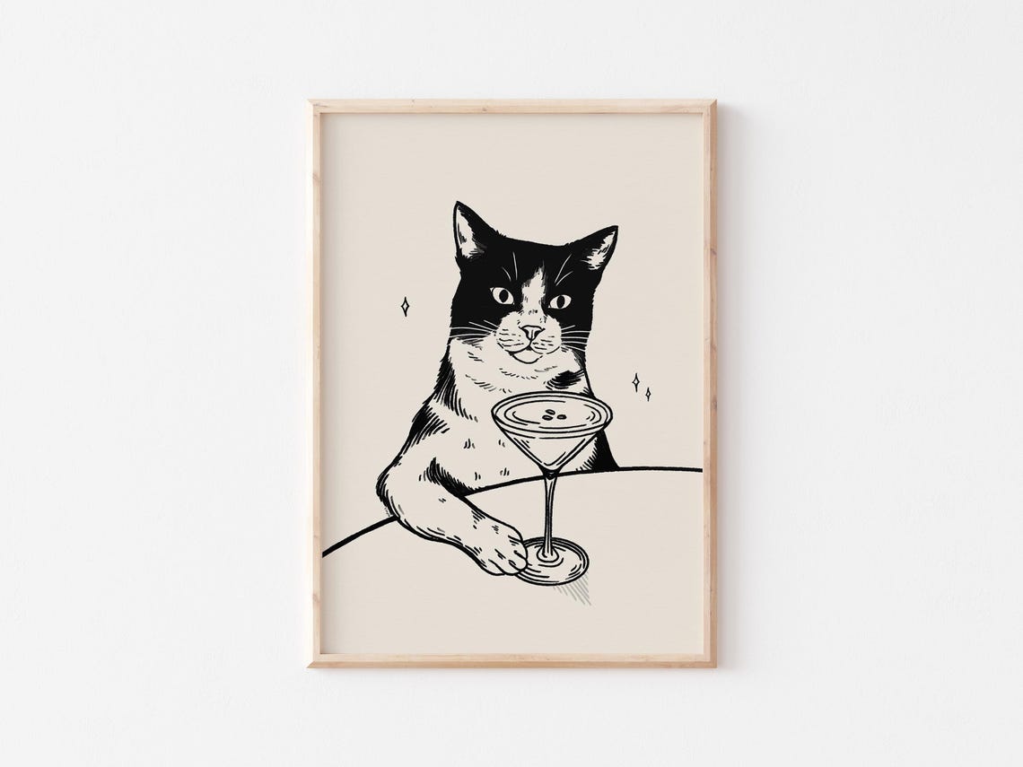 Martini Cocktail Cat Funny Retro Line Art Chic Bar Decor Feline Poster - Image 3