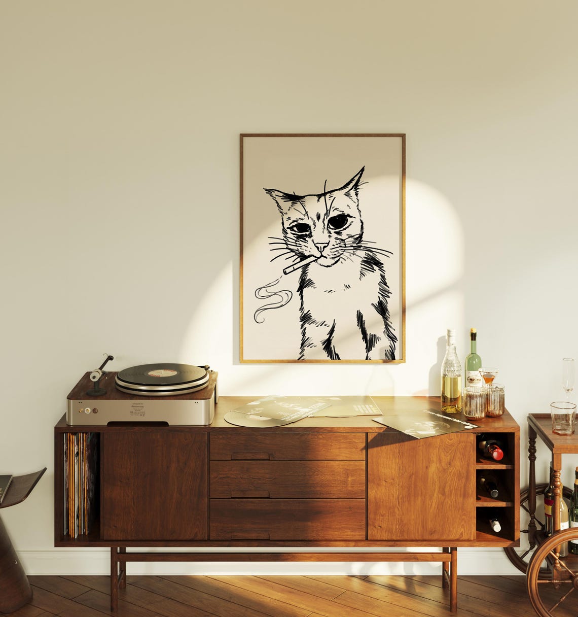 Smoking Cat Funny Retro Ink Sketch Portrait Trendy Cool Cat Wall Art - Image 3