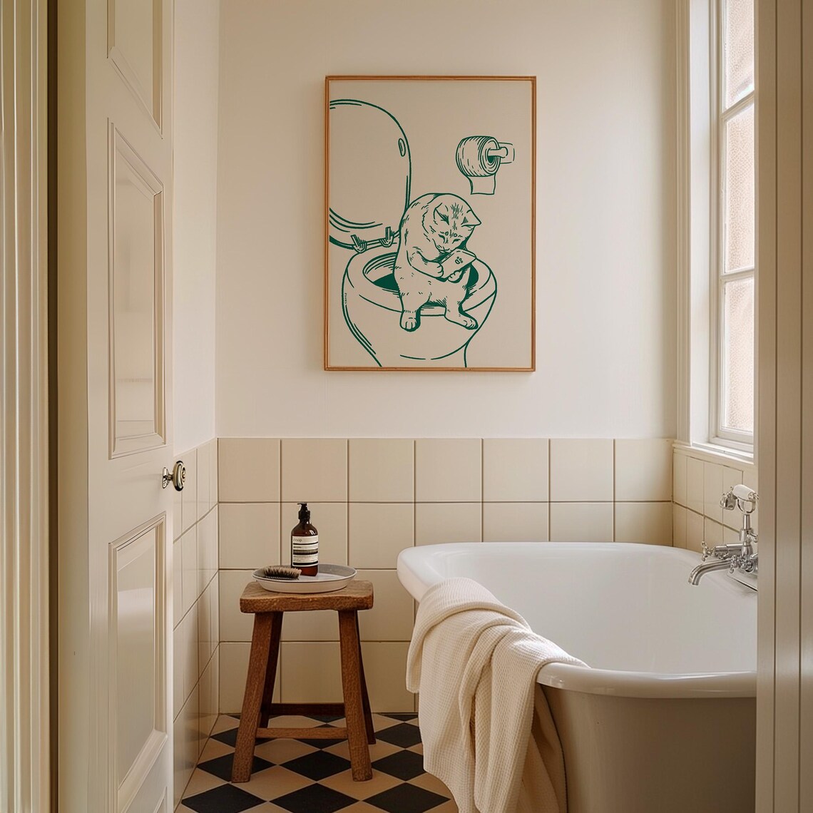Toilet Cat Green Retro Cat Bathroom Art Print - Image 4