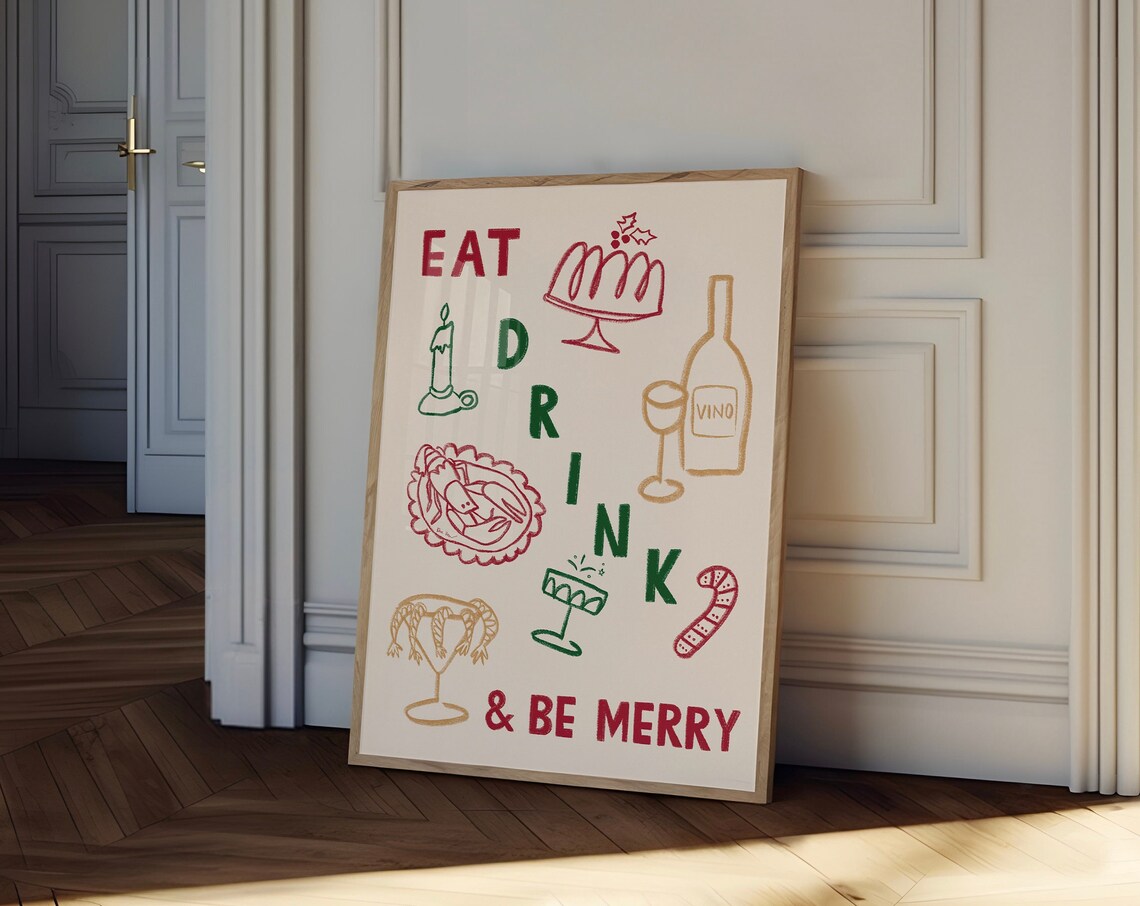 Eat Drink and Be Merry Festive Food Doodle Christmas Art Poster