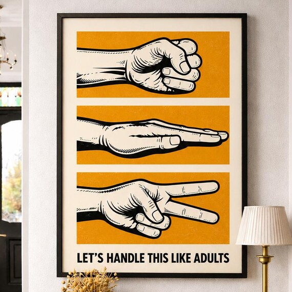 Retro Rock Paper Scissors Print Mustard Office Humor Wall Art