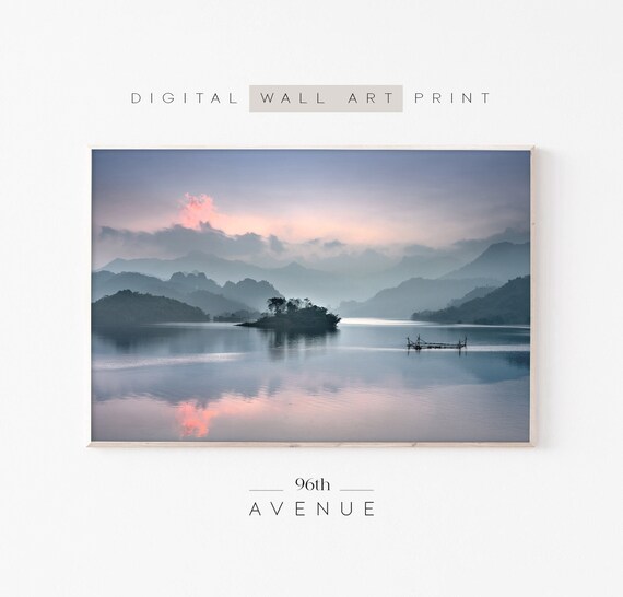 Lake Sunset Print Moody Landscape Sunset Wall Art Misty Mountains Wall Art