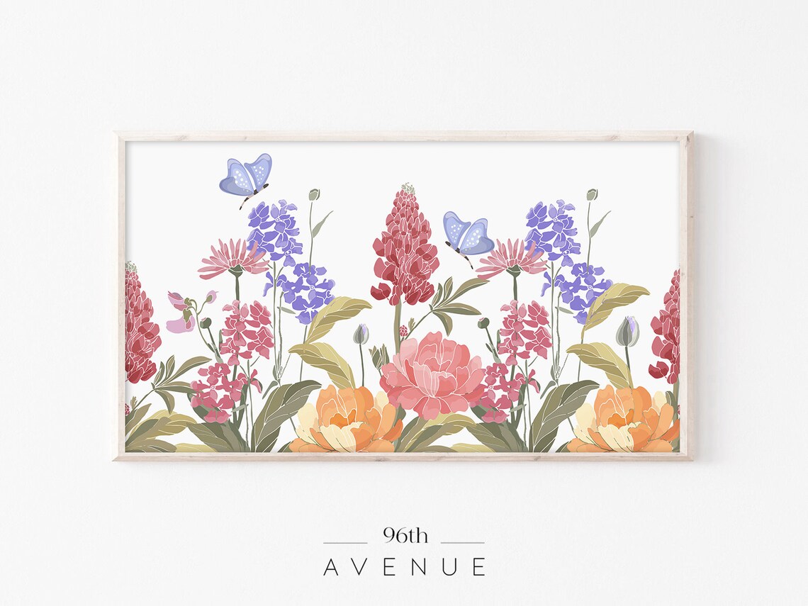 Colorful Garden Flowers With Blue Butterflies Floral Illustration Print
