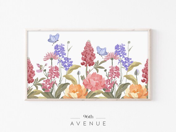 Colorful Garden Flowers With Blue Butterflies Floral Illustration Print