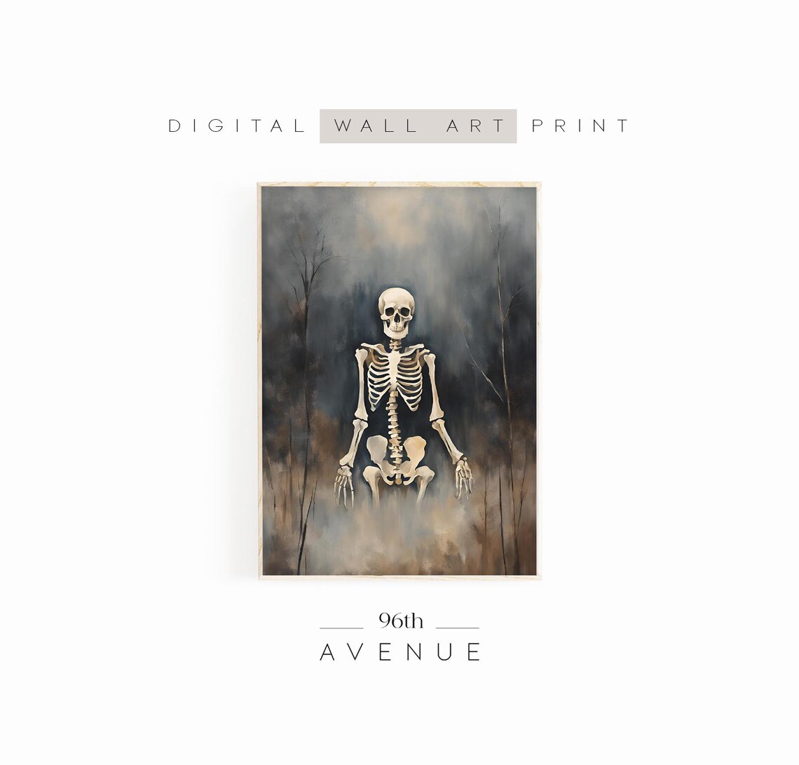 Skeleton In Foggy Field Dark Academia Halloween Painting Wall Art