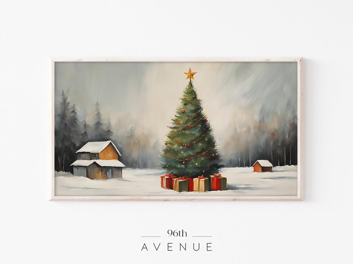 Vintage Christmas Tree with Presents Snowy Farm Holiday Art Poster