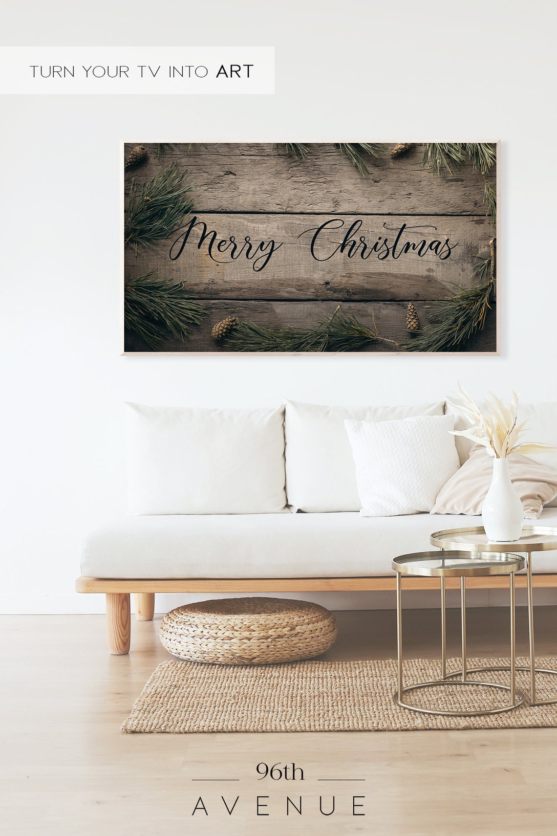 Farmhouse Rustic Merry Christmas Script on Wood Plank With Pine Poster - Image 2