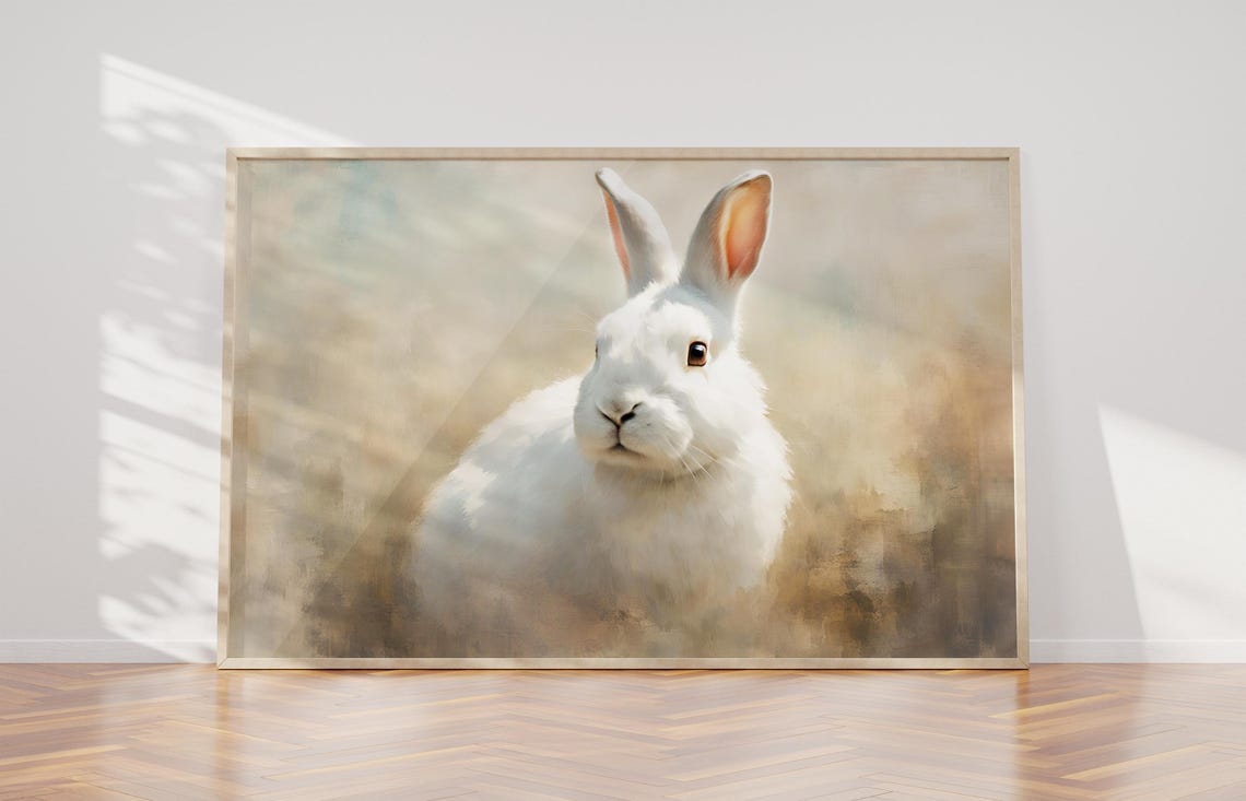 Cute Easter Bunny Painting Spring Decor Cottagecore Wall Art Vintage Rabbit Painting Print 1156 - Image 2
