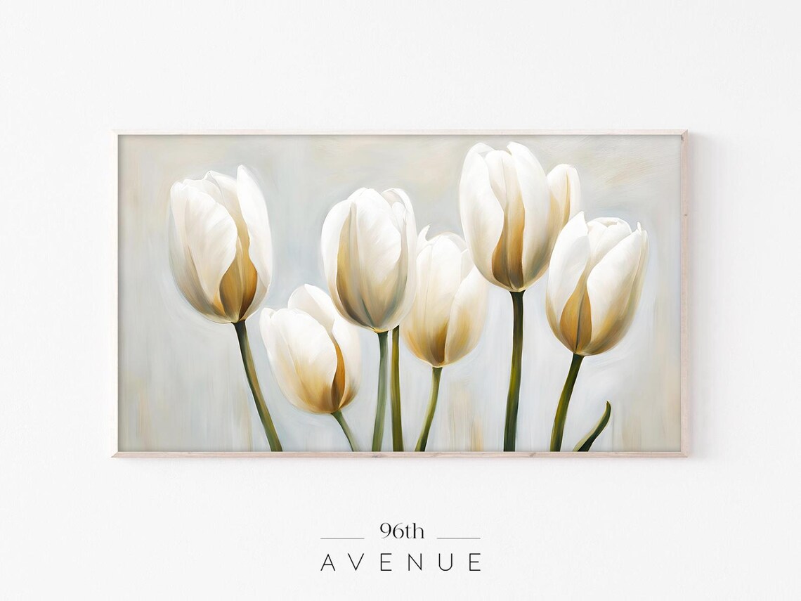 White Tulips Bouquet Soft Gray Background Spring Floral Art Poster