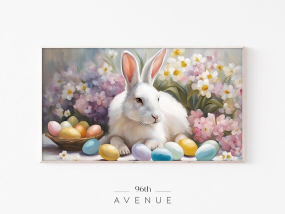 White Bunny With Easter Egg Basket Spring Floral Painting Poster