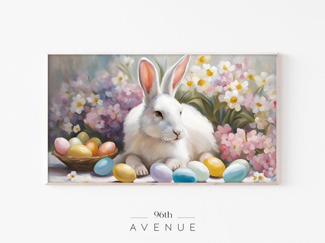 White Bunny With Easter Egg Basket Spring Floral Painting Poster
