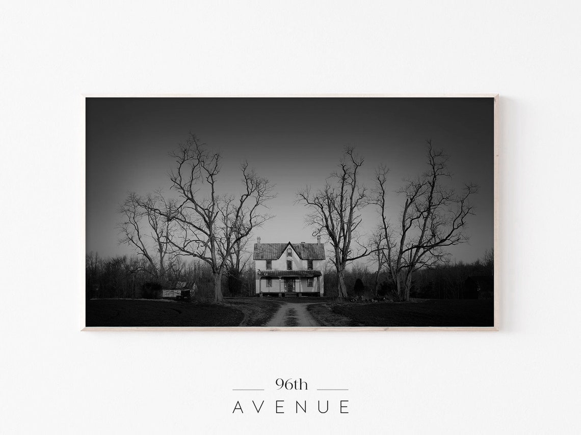 Abandoned House In Bare Trees Black And White Haunted Photo Wall Art