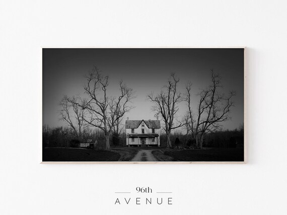 Abandoned House In Bare Trees Black And White Haunted Photo Wall Art