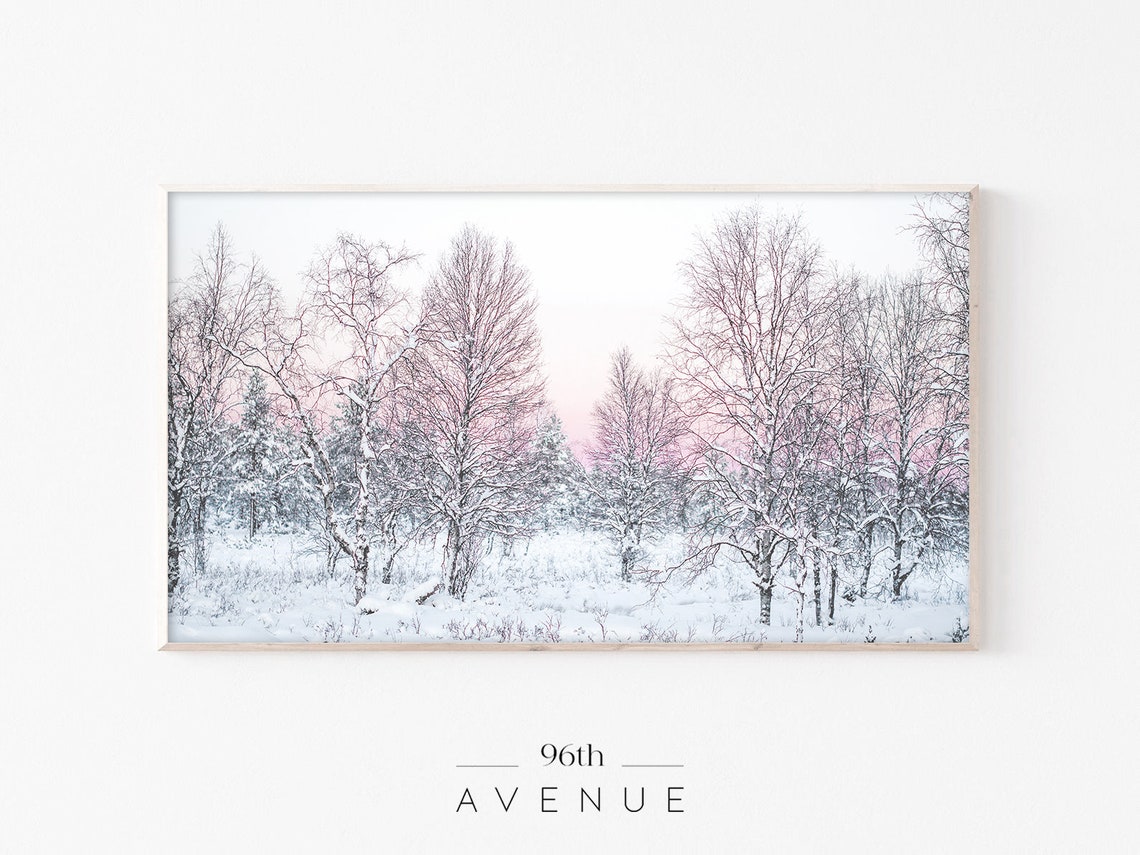 Bare Winter Trees in Snow with Soft Pink Pastel Sunrise Sky Poster