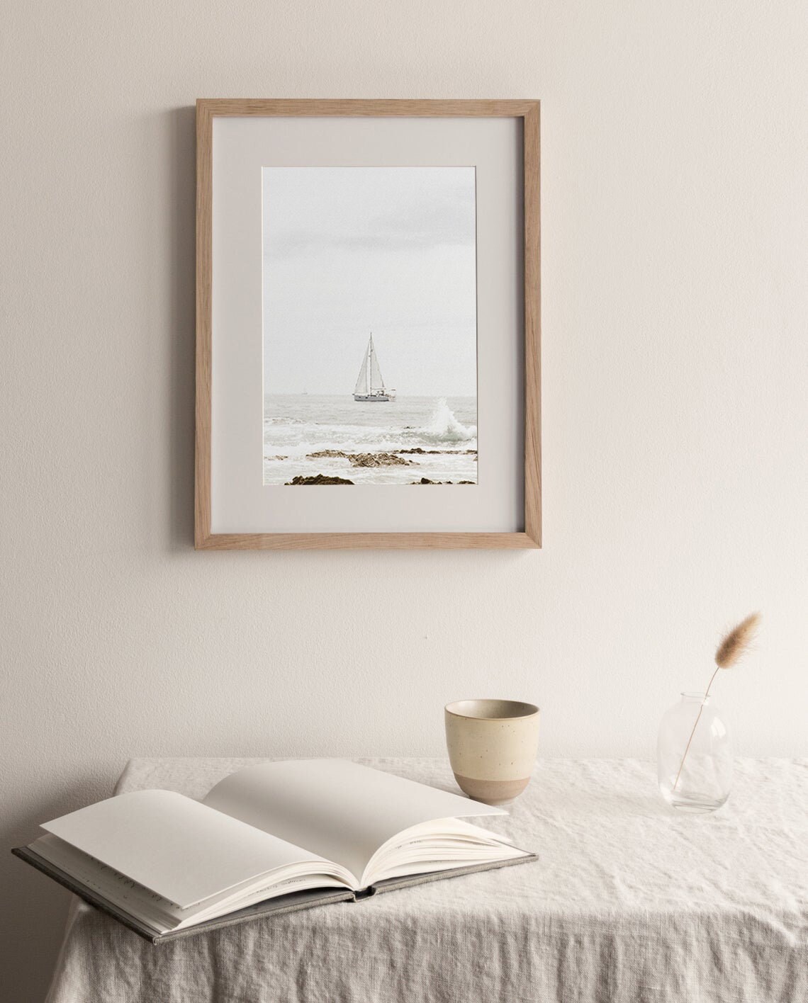 Lone Sailboat Calm Sea Muted Vintage Nautical Coastal Poster - Image 2