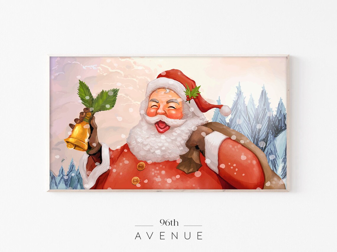 Jolly Santa Claus with Bell and Gift Bag Winter Illustration Poster