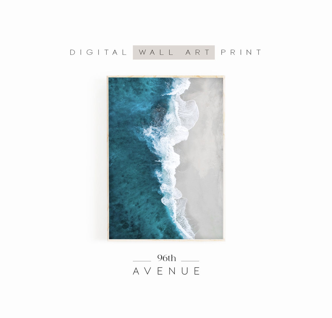 Aerial Turquoise Waves Breaking on Sandy Beach Coastal Poster