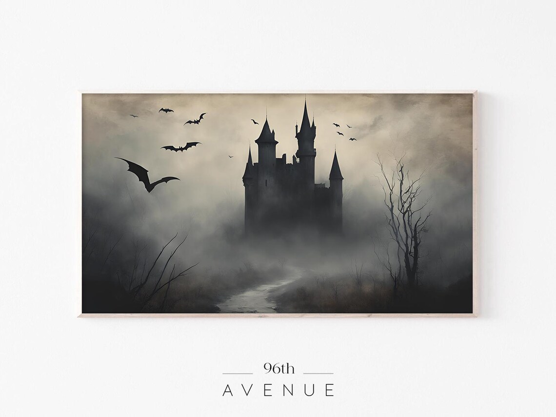 Spooky Dark Castle Foggy Path With Bats Halloween Night Poster