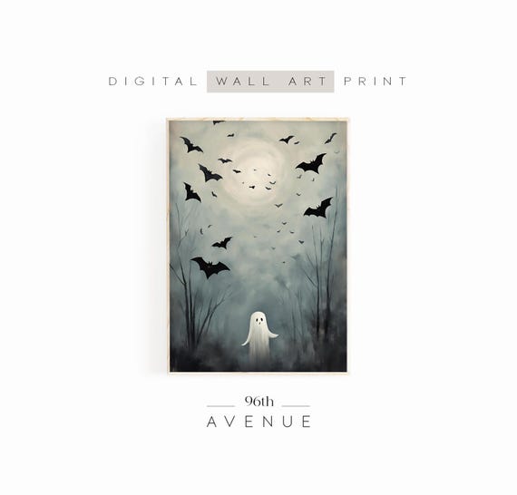 Ghost And Bats Wall Art Cute Ghost Painting Spooky Halloween Wall Decor Eerie Scene Instant