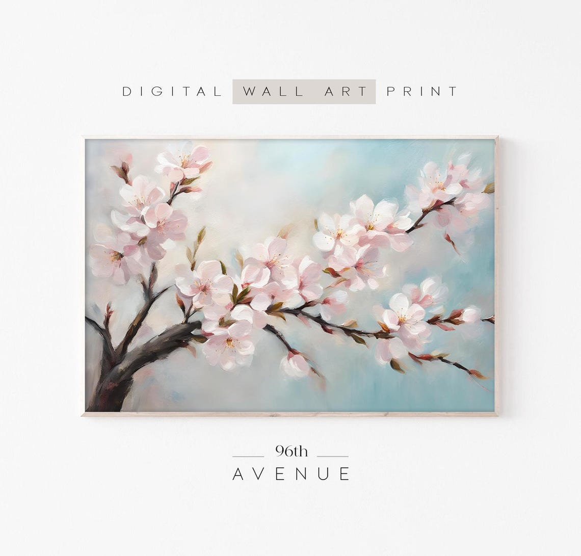 Cherry Blossom Branch Pink Spring Flowers Watercolor Art Poster
